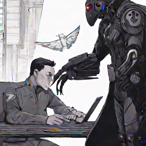 1. A sleek cyborg raven with electronic eyes and metal wings swoops toward a flustered man in a black uniform, his clipboard flying mid-air. The austere metal hut's interior, matte black with a buzzing fly, frames the chaotic encounter.