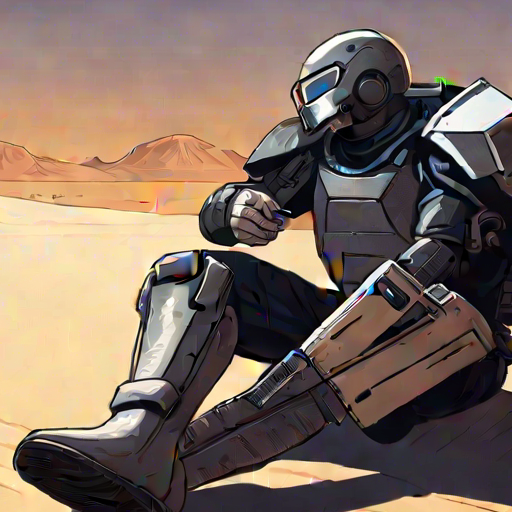 1. An armored figure lies prone, stun baton and riot shield beside him, under the scorching desert sun. Keys, credits, and a medkit are visible amidst the sands.