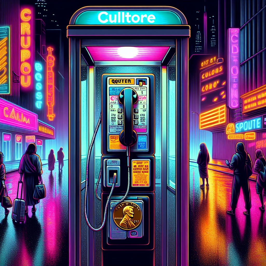 1. A rotary dial payphone, glass booth, quarter visible in coin return, "Cult of the Dead Cow" sticker on glass, and an anachronistic dataport attached. City lights reflect on damp streets, nightclubs pulse nearby, people meander.