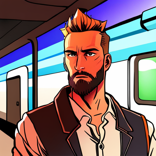 A bearded man with a spikey mohawk, Zeb, stands in an abandoned subway car. Colorful tiles line the walls as he looks around, trying to understand why the car is moving on its own. The rumbling sound grows louder as the car picks up speed, heading eastward along the tracks.