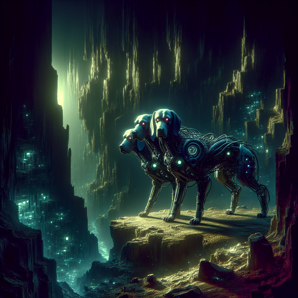 In a shadowy rift, a medium-sized, three-headed dog with cybernetic enhancements sniffs the ground, surrounded by dim outlines of jagged rocks and faint glimmers of metallic debris.