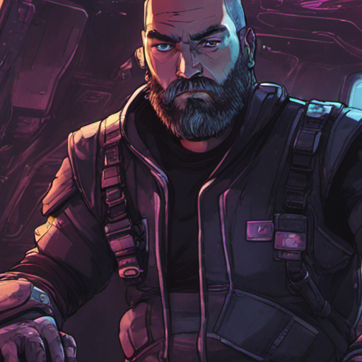 Zeb stands in the command module of the Perihelion, looking at the holographic projection of ART, the AI bot pilot. The room is dimly lit, with the soft glow of the hologram illuminating Zeb's bearded face and short mohawk. He wears a sleeveless black shirt and loose pants, his hands resting on the console in front of him. The drone hovers nearby, its metallic body reflecting the holographic light. Through the transparent walls of the module, the vastness of space stretches out, with distant stars twinkling in the darkness. It is a moment frozen in time, capturing the connection between man and machine in the infinite expanse of the universe.