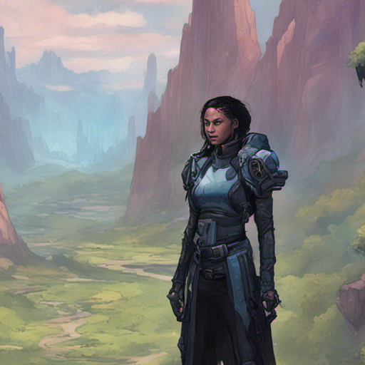 Thraeryn stands in the foothills, surrounded by rocky terrain and patches of grass. In the distance, the dense foliage of the enchanted forest beckons, while a foreboding cave entrance looms nearby. The area is quiet and still, with no immediate threats in sight. Thraeryn carries a holographic projector, a sleek leather holster, magical targets, and ancient-looking tomes securely strapped to his person. The red hue of his skin stands out against the natural landscape.