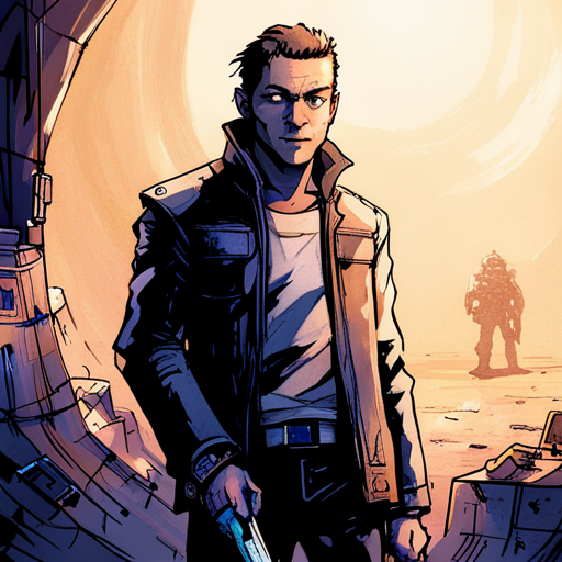 Wrewdison stands in the underground facility, holding a high-tech energy weapon, a map, and a datadisk. He examines dormant machines and a generator, searching for clues about their purpose. The wind howls outside, and a buzzard perches nearby.