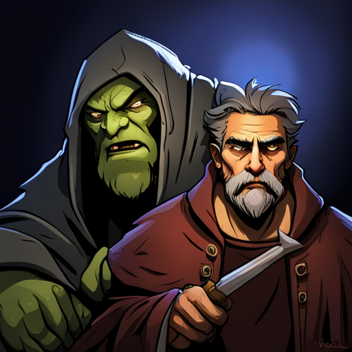 Zeb sees the hulking Barbarian inspecting his sword while nodding in agreement to the sorcerer's warning. The sorcerer is a hooded figure with a long white beard and a staff. 
