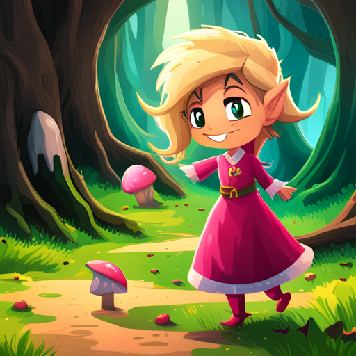 Basic Elf stands in a sun-filled clearing, trying to calm down a bright pink pony with a green leaf emblem on her hind quarters. Pony happily walks by his side as they pass a mushroom village where the inhabitants think they are living in Austin, Texas. Basic Elf notices everything is slightly funnier than normal here, and people tend to speak in rhymes.