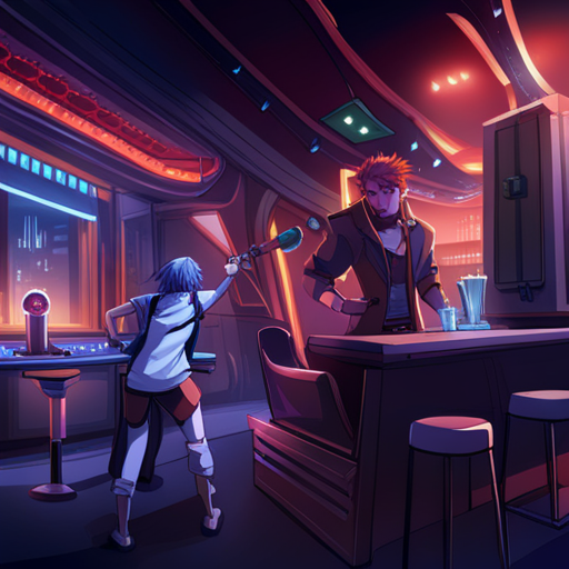 Zeb sees Ratz, a gruff bartender with a robotic arm, nodding as he talks to a girl with a robot arm. The dimly lit bar is filled with electronic music and deck jockeys. 
