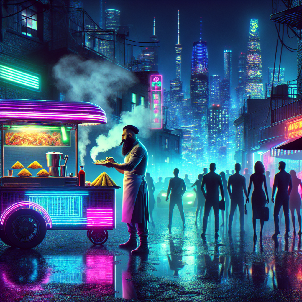 1. A mustachioed man serves falafel beside a glowing cart, steam rising into the damp night air. City lights reflect off wet streets, silhouettes of people entering nightclubs under a low, illuminated cloud ceiling.