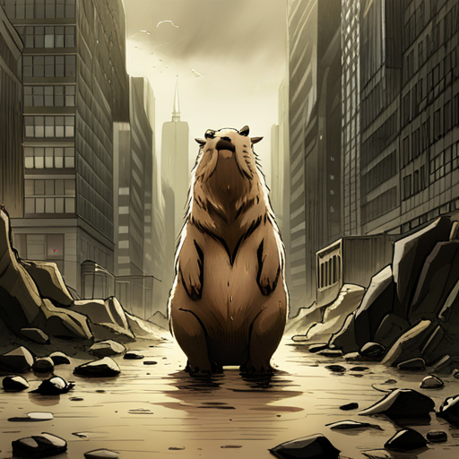 The kaiju's body is massive, roughly 200 feet in height, with thick, mottled fur covering its capybara-like form. Its eyes are soulful and sad, contrasting with the destructive power of its enormous claws and teeth. In this moment of defeat, it looks almost peaceful, but its size and ferocity are undeniable.