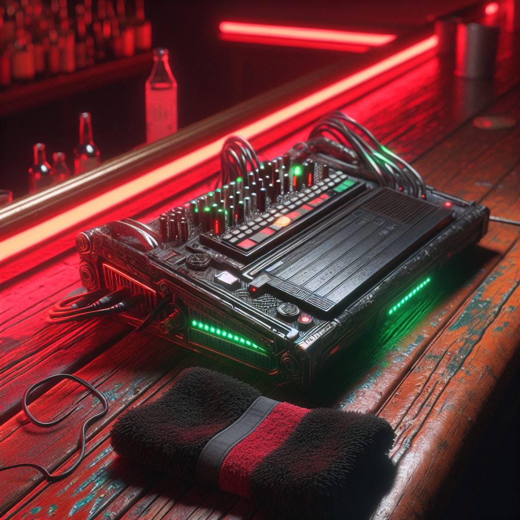 1. A sleek black Ono Sendai Cyberspace 7 rests on a wooden bar, green and red LEDs flickering. A terry sweatband with dangling cords lies beside it, under dim red lights.