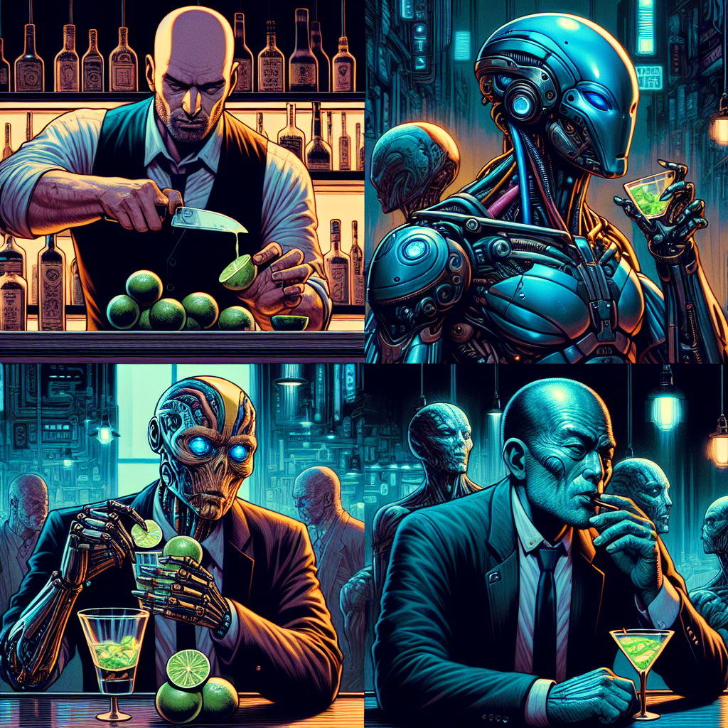 1. A bald man with a robotic arm slices limes behind a dimly lit bar; a blue alien in an iron suit stands nearby, while a drunk rests his head on the table, oblivious.