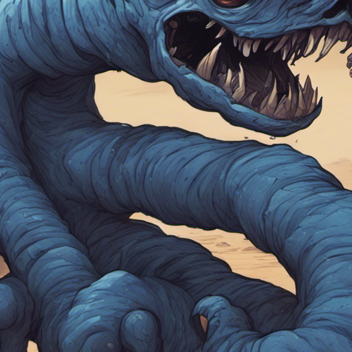 The shock worm, a small creature with pulsating blue skin, curls up in pain after being stomped on by Andy. The wind howls and grains of sand and dust whip through the air in The Deep Desert. A nearby rocky formation provides the only shade.