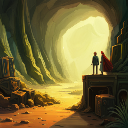 Thraeryn hears rushing water from a tunnel leading eastward in the cave system. He approaches a crate and sees Vince has taken the databrick miner, but other high-tech tools with the Senzo Technologies logo remain. A red Villain of Hackers.Town, Thraeryn sees a cave axolotyl with frilly gills giving off a faint green glow nearby.