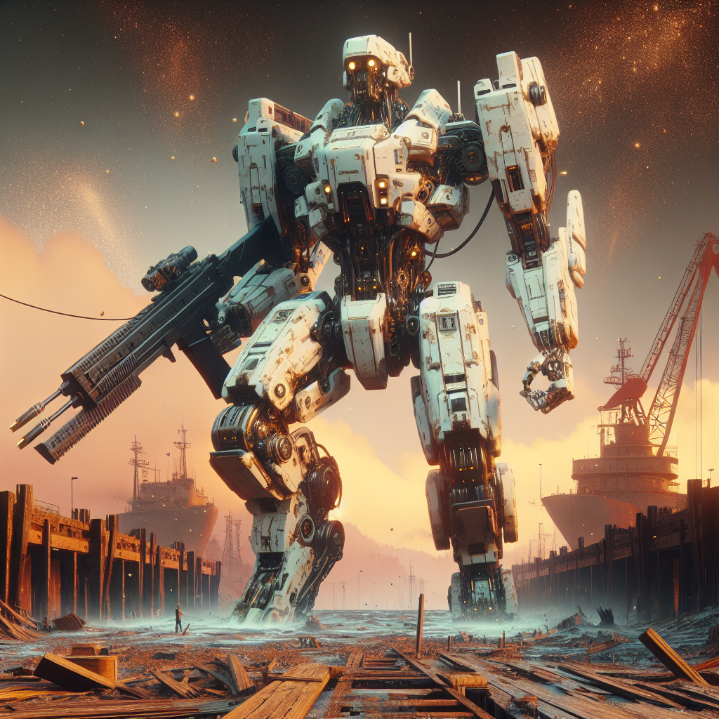 A towering white-and-gold mecha, brandishing a rifle and energy sword, stands amidst smoldering docks and drifting ash, with distant explosions echoing.