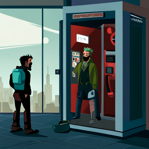 Texmechs finds a quarter in the coin return of a classic payphone in a phone booth with a cult of the dead cow sticker on the glass door. A mysterious dataport is visible. Downtown lights reflect off low clouds. Zeb, a bearded man with a spikey mohawk, stands nearby.
