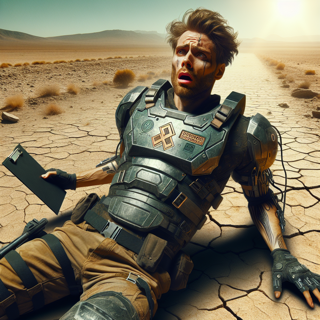 1. A dazed man in an armored vest with a corporate logo sprawls on the ground, clutching a clipboard, his expression one of confusion and fear. The eroded Wasteland Road stretches behind him under a harsh sun.