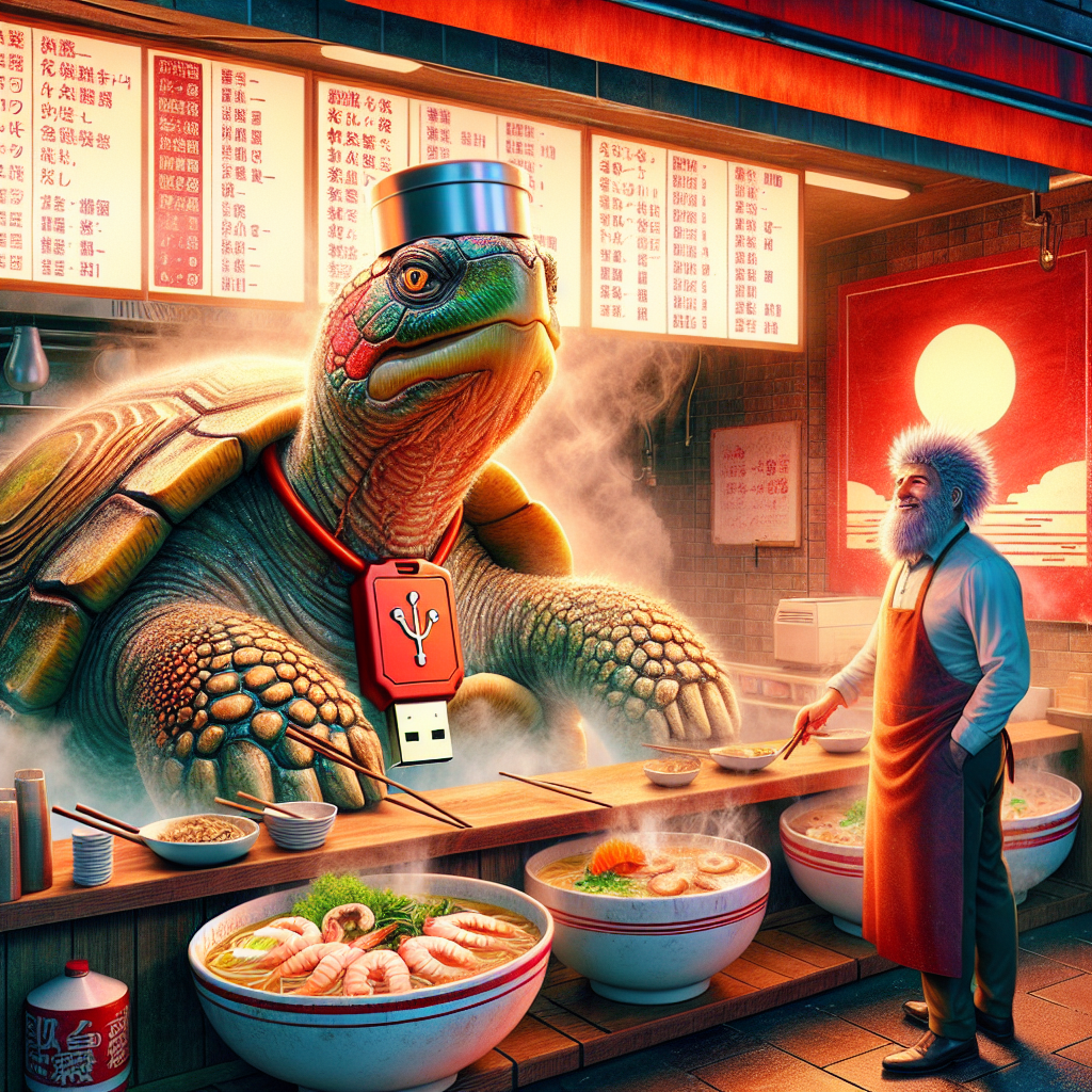 1. A large turtle-like creature with a broth-filled bowl on its head stands behind a steamy counter, displaying bowls of shrimp and mushroom ramen. The creature appears slightly damp, exuding enthusiasm. The tiny ramen shop features a red and white sunrise mural, with a man sporting a graying beard, fuzzy mohawk, and a USB drive necklace, looking on.