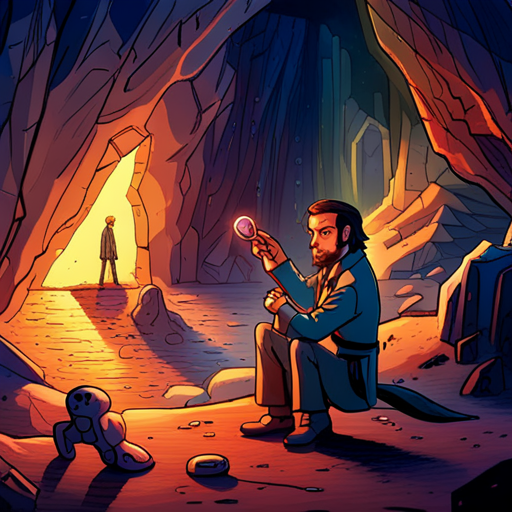 Mr. Whiskers examines a strange, glowing device in a cave filled with alien machinery. The kaleidoscope-like object is covered in symbols that seem to control the energy sources in the cave. He wonders what it does and if he should activate it. Thraeryn, Zeb, and a glowing axolotyl are nearby.