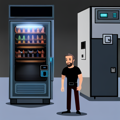 Wrewdison sees a hologram of Ben Brown standing in front of a vending machine in Loading Screen. The hologram is wearing a black t-shirt and jeans, and has a graying beard. The vending machine appears to be out of weapons, but there are other items available for purchase.