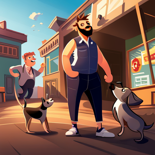 A medium-sized, mostly brown dog with black and white patches wags its tail happily and barks in response to Zeb's praise. The dog looks smart, as if she understands what is happening. Zeb, a bearded man with a spikey mohawk, wearing a sleeveless black shirt and loose pants with lots of pockets, stands in the background. The scene takes place in the western stretch of sewers under the city, known as the Western passage.