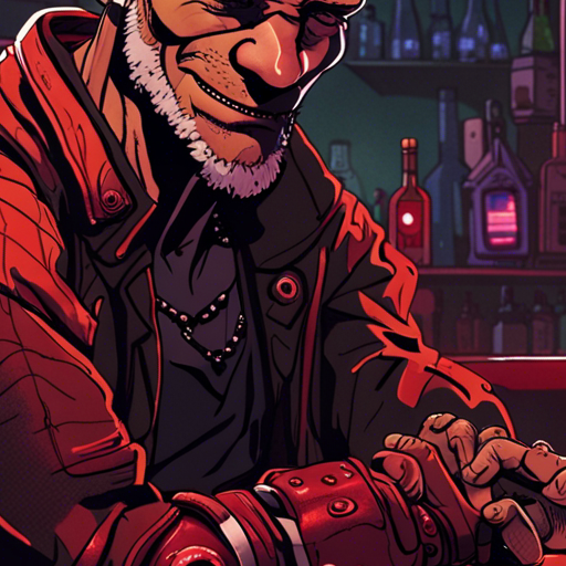 In the dimly lit bar, Ratz leans in close to wrewdison, his squinty brown eyes gleaming with mischief. His gruff, wrinkled face breaks into a sly grin as he reveals the secret tapping of his robotic arm. The bartender's shaven head glistens under the red lights, adding to his mysterious aura. The Ono Sendai Cyberspace 7 and Zeb Clone sit nearby, hinting at the technological wonders of this world. The sleepy drunk, oblivious to the conversation, slumbers in a pool of drool. The air is heavy with anticipation as wrewdison contemplates the mysteries that lie within this rusty exterior.