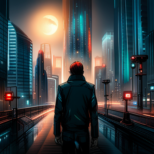 Controlfreak's eyes are fixed on the network, scanning for vulnerabilities. The city's lights reflect off low clouds as they navigate the complex digital infrastructure. The damp air surrounds them as they search for weak spots, their scanning tool identifying a potential security vulnerability.