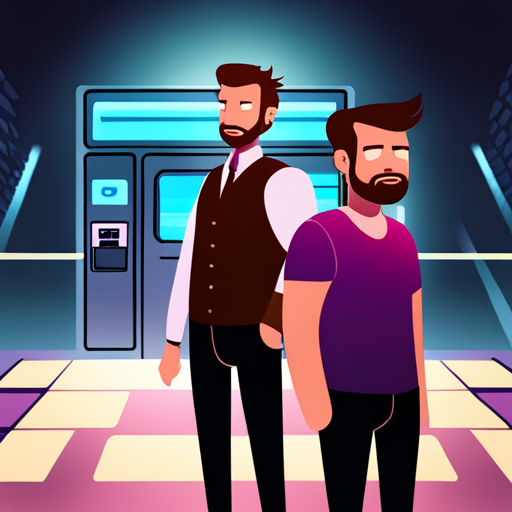 Merg suddenly disappears from the endless white expanse. In the background, a hologram of Ben Brown stands with a pleased expression. Nearby, a vending machine with a digital touch screen interface can produce any object for a quarter. Other characters present include Zeb, a bearded man with a spikey mohawk, and Wrewdison, who appears as a tall fit man with a beard and slightly messy hair.