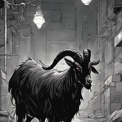 The black goat, with its curved horns and strange glint in its eye, stands in the grimey alley. Its eyes widen with anticipation as it emits an excited bleat, seemingly eager to share its wisdom with Zeb. The rain lightly falls, wetting the bricks and the ground. The flickering lightbulb casts an eerie glow, illuminating the spray-painted word "Hell" on the wall. Zeb, a bearded man with a short mohawk, listens intently, his usb drive dangling from his neck. The sky, a color of a dead television channel, adds to the mysterious atmosphere of the scene.