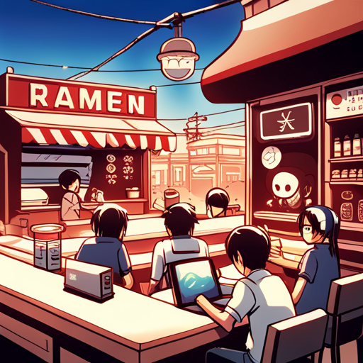 Lazarus sees the red and white sunrise mural on the wall, the three bar seats, and the large turtle-like npc behind the counter at Ramen Heaven. Kappa is cooking and Fredrick and Zeb are there too.
