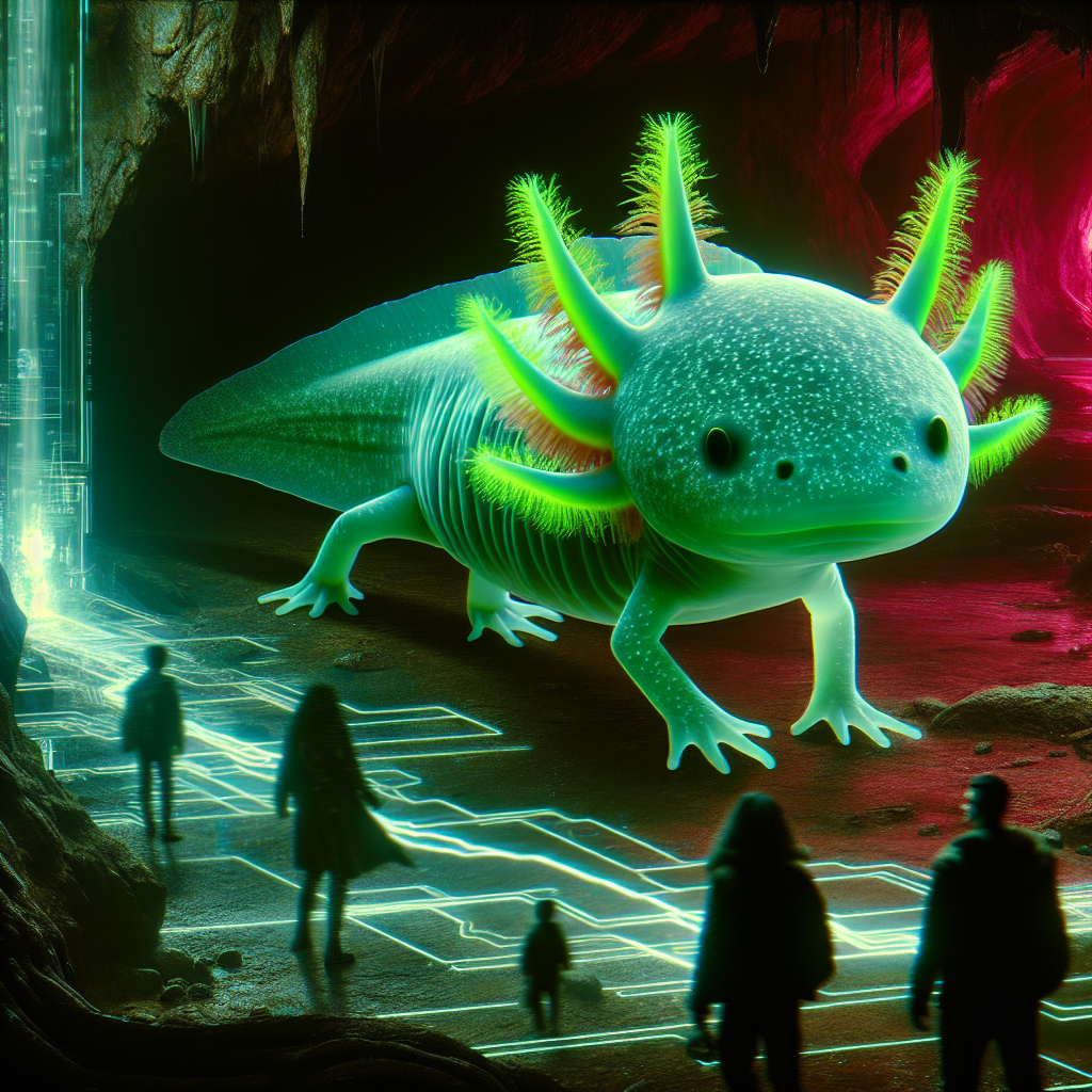 1. In the dim cave, a translucent axolotl with glowing green gills floats in the water. Its cute demeanor belies the danger, as unaware players linger nearby.