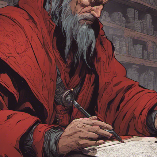 Thraeryn, an incredibly red man, sits in the dimly lit warehouse, surrounded by ancient scrolls. He carefully unfurls one, studying the intricate symbols and markings. With focused concentration, he practices the spells written on the scroll, channeling his magic with precision.