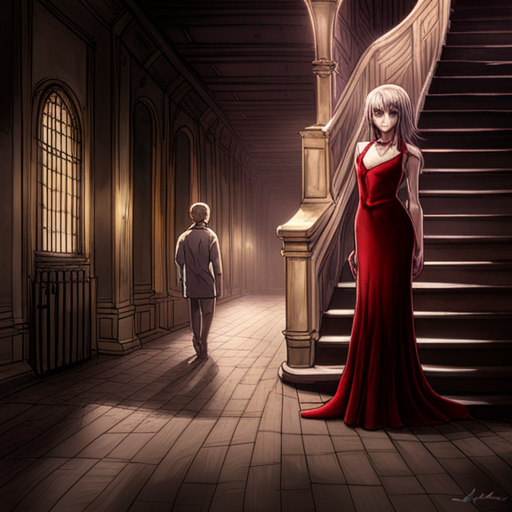 Anesthesia, a strangely pale woman in a blood red velvet dress, grabs her crate and heads for the stairs. Wrewdison follows, taking in the eerie catacomb surroundings. 
