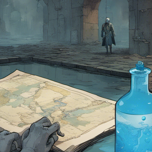 Thraeryn's hand holds a faded map and a vial of blue liquid, the objects illuminated by a dim light. The pale, lanky man with greasy hair stands nearby, his tall boots splashing in the water. In the background, the eastern stretch of sewers under the city reveals a hole in the ceiling, leading to a deeper tunnel. The rumbling noise from above adds tension to the scene.