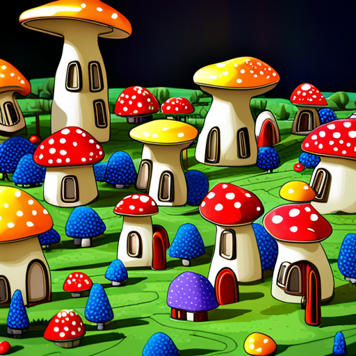 The mushroom village looks like a miniature version of a typical American suburban neighborhood. Each house is made of a different type of mushroom, with little chimneys puffing out spores. The inhabitants are all mushrooms with colorful caps, bustling about their daily business.