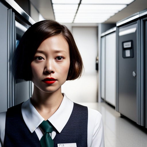 The photo shows a close-up of a bank teller's name tag, which reads "Emily." The teller is wearing an ugly puce uniform with the Databank logo. Her facial features are not visible, but her hair is brown. The name tag is pinned to her uniform, and she is standing inside a bulletproof booth. In the background, there is a vault and a counter studded with data ports. Basic Elf is seen looking at the name tag, trying to recall the bank teller's name.