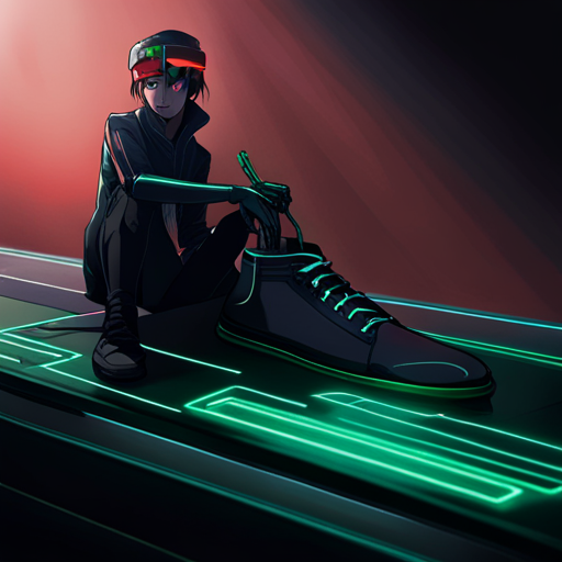 The sleek black cyberdeck sits on the counter, with red and green LED lights blinking on its smooth surface. A terry sweatband with small dermatrodes rests beside it. The device is cast in a block of polycarbon, making it difficult to reverse engineer.