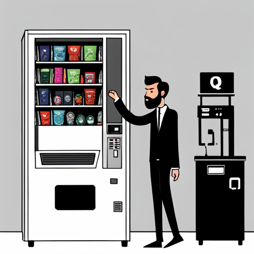 Wrewdison, a tall Q with a beard and messy hair, stands in front of a digital touch screen vending machine with a trans-dimensional portal inside. He looks frustrated as he tries to get it to work. 
