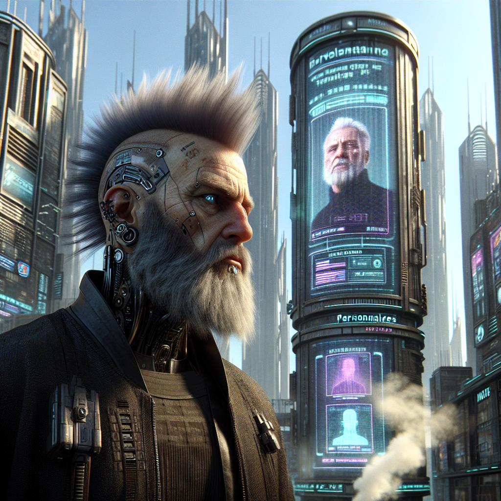 1. A graying-bearded man with a fuzzy mohawk, dressed in black, stands before a vibrant holographic billboard displaying personalized ads. Corporate skyscrapers loom under the mid-day sun, steam rising from a nearby manhole.