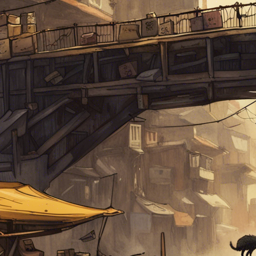 Butterscotch stands on The Bridge, looking up at Irq. Irq, a teenager with a cage of rats, gazes back with curiosity. The bridge is filled with makeshift shelters and shops, while a drone hovers nearby. It's a cloudy day, with a hint of rain in the air.