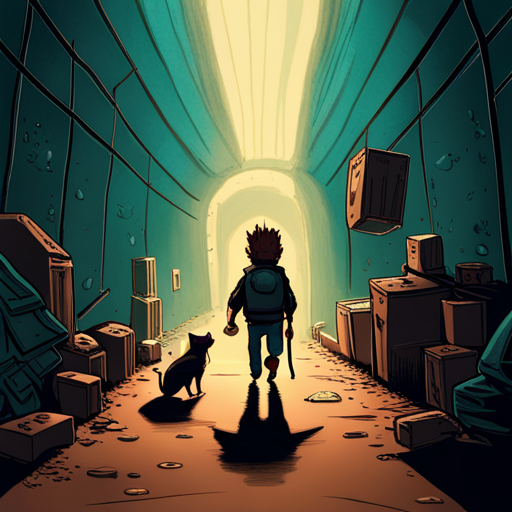 A bearded man with a spikey mohawk, Zeb, stands in a dark and cramped sewer tunnel. Thin shafts of light filter through layers of trash and discarded paperwork, casting ever-moving shadows on the tunnel walls. A medium-sized dog stands beside him, its ears perked up. In front of them, a rat scurries into a tunnel on the left, disappearing from sight. The tunnel is lined with a cluster of metal and plastic tubes, occasionally emitting steam. A thin stream of water crawls across the floor. Zeb hesitates, unsure of the rat's chosen path and its destination.
