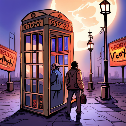 Veeyawn approaches the old phone booth, noticing its worn appearance and graffiti-covered sides. The classic rotary dial phone inside emits a faint hum. In the background, the falafel guy packs up his cart, ready to leave for the night. The city's lights reflect off low clouds overhead, and the thumping bass from nearby nightclubs fills the air.