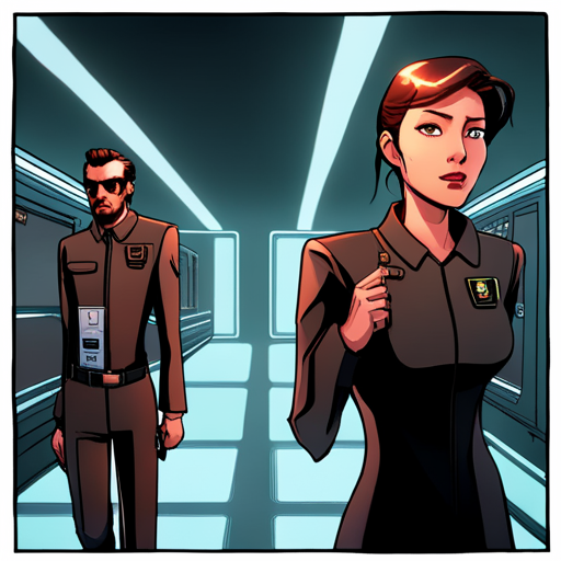 Thraeryn and Arnold walk towards the vault, passing by the bank teller in her puce uniform. The room is filled with the buzz of conversation and a security camera watches from the corner. 
