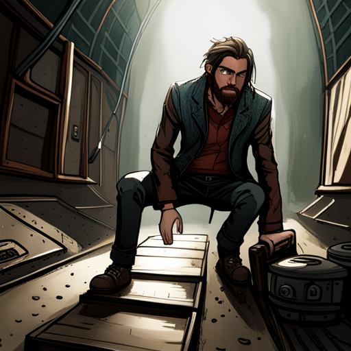 In the photo, Wrewdison is seen crouching next to a heavy metal hatch with hinges and a small wheel lock. He has a tall and fit human form with a beard and slightly messy hair. He opens the hatch and peers into a dimly lit stairwell leading down. The sound of machinery can be heard from below. As he descends, the temperature grows cooler, and he sees an old and rusted elevator with an unknown language sign above it. The desert landscape is visible in the background, with a rocky formation providing the only shade.