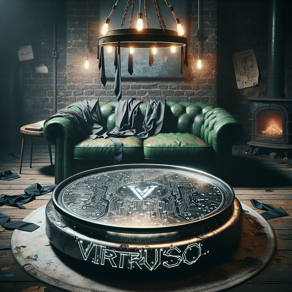 1. A round coffee table, layered with graffiti and stickers, features a fresh "Virtuoso" tag over a silver circuit board design, shimmering under a chandelier's dim glow. A green leather sofa, old ties draped on a chandelier, and a cold, brick fireplace loom in the background.