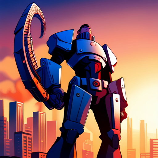 Thangkred wields his Lionheart gunblade, striking a malboro tentacle. He stands in the Corpo District, surrounded by skyscrapers and a FRED-209 security bot. 
