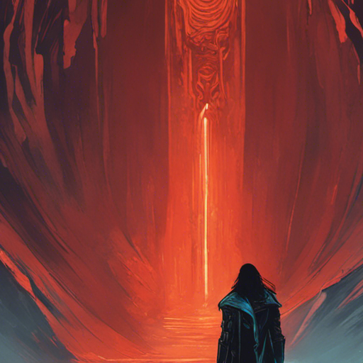 Thraeryn stands alone in the dimly lit Mountain Cave, watching as Jorm the Sorcerer exits, his long black hair flowing behind him. The cave is filled with the sound of the robot vacuum, its metallic body glinting in the faint light. Thraeryn, with his fiery red hair, gazes ahead, determined to continue his quest for justice.