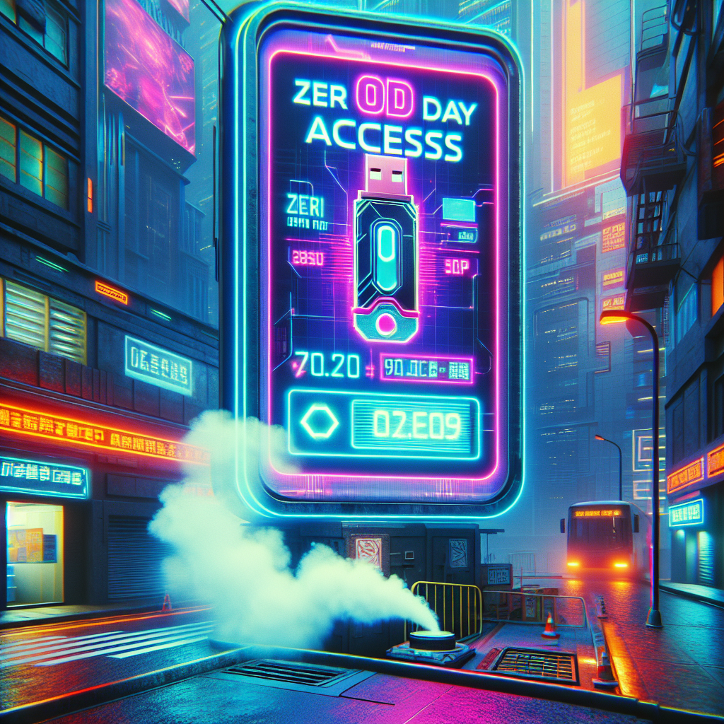 1. Neon colors form an ad on a holographic billboard, showcasing a USB drive with 'Zero Day Access' and a flashing discount price. Surrounded by skyscrapers, steam rises from a manhole in the bustling Corpo District at mid-day.