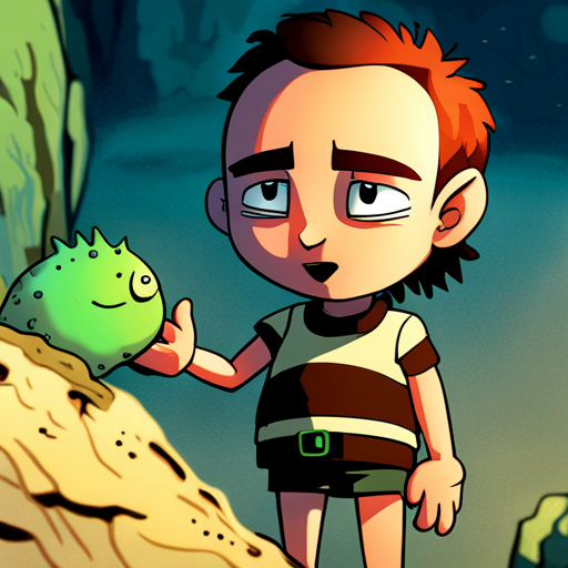 Roger Wilco gazes at the cute, green-glowing cave axolotl, kept as a companion by the mysterious cave dweller. Touching it is deadly, but licking it grants superpowers.
