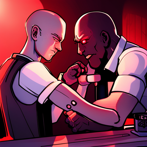 Ratz, a gruff bartender with a shaven head and squinty brown eyes, polishes a glass with his jerking Russian military prosthetic arm while greeting wrewdison. The dim red lights and loud electronic music create a chaotic atmosphere in The Chatsubo.
