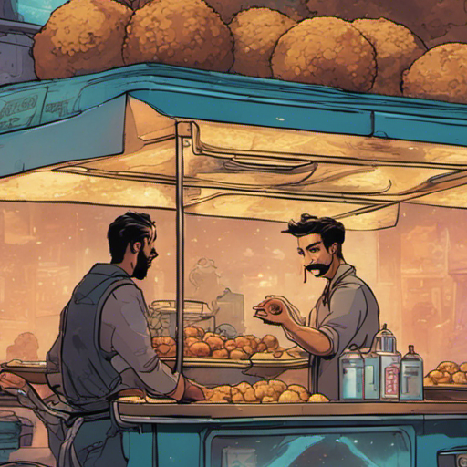 A tray of golden-brown falafel balls sits on a small food cart. Holographic projections display various actions, while a guy with a mustache tends to the cart. Downtown at night, the city lights reflect off low clouds, creating a damp atmosphere. A payphone stands nearby.